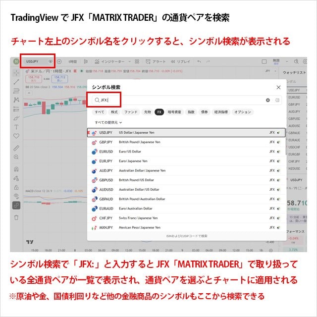 TradingViewでJFX「MATRIX TRADER」の取り扱い通貨ペアを検索