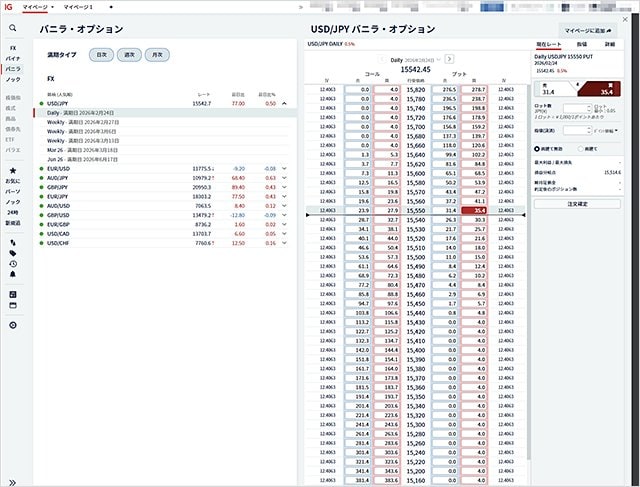 IG証券【バニラ・オプション取引】の取引画面
