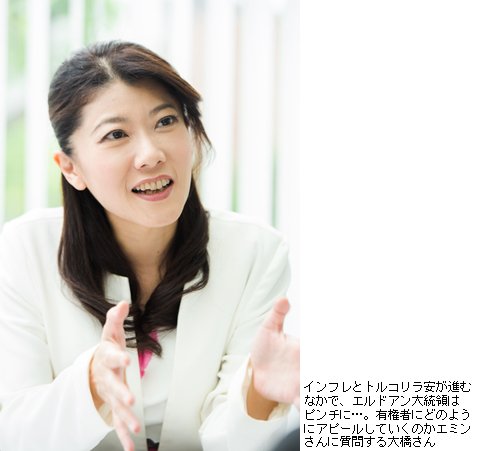 インフレとトルコリラ安が進むなかで、エルドアン大統領はピンチに…。有権者にどのようにアピールしていくのかエミンさんに質問する大橋さん