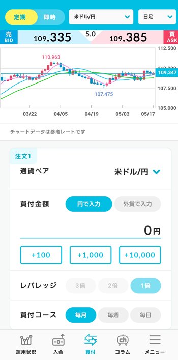 「らくらくFX積立」アプリ・「定期買付」注文画面
