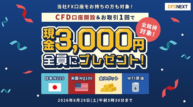 外為どっとコム「CFD口座開設&お取引1回でもれなく3000円プレゼント!キャンペーン」イメージ画像
