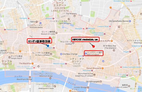 シティ・オブ・ロンドン(赤い網掛けの部分)とHIROSE FINANCIAL UKの所在地