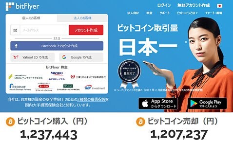 ビットフライヤーのウェブサイト