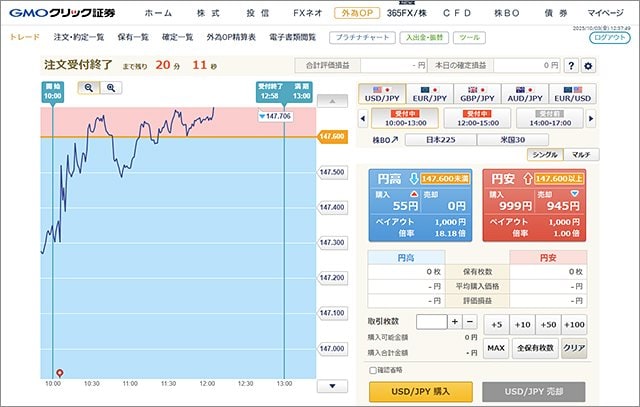 外為オプション（GMOクリック証券）PC版取引画面