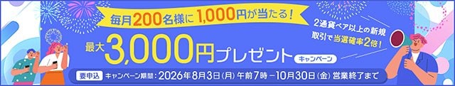 2通貨ペア以上の新規取引で当選確率が2倍!毎月200名様に1,000円、最大3,000円が当たるプレゼントキャンペーン