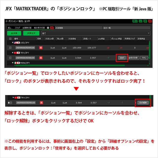 JFX「MATRIX TRADER」PC版取引ツール「新Java版」のポジションロック画像