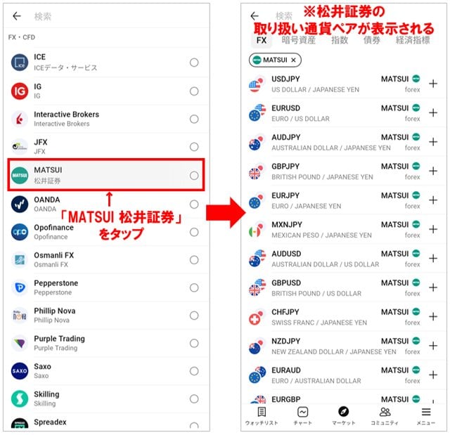 TradingViewのスマホアプリで松井証券のレートを表示する手順2
